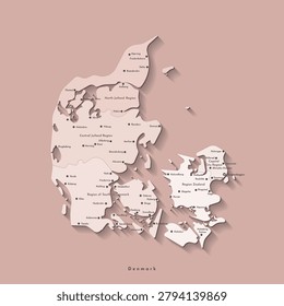 Vector isolated illustration. Simplified administrative map of Denmark in beige colors. Brown background. Names of some cities and regions