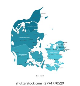 Vector isolated illustration. Simplified administrative map of Denmark in blue colors. White background. Names of some cities and regions