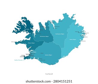 Vector isolated illustration. Simplified administrative map of Iceland. White background. Names of some cities, towns and regions