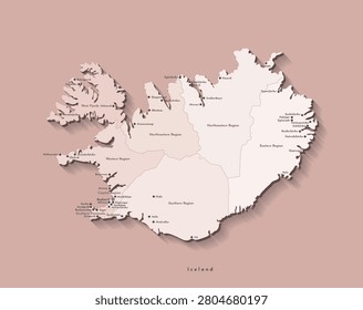 Vector isolated illustration. Simplified administrative map of Iceland. Brown background with beige area of island. Names of some cities, towns and regions