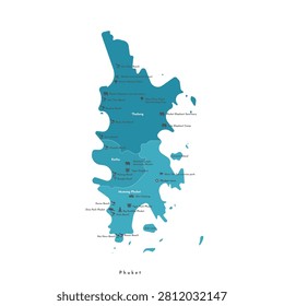 Vector isolated illustration. Simplified administrative map of Phuket island. White background. Names of attractions and tourist places. Blue shapes of districts