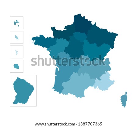 Vector isolated illustration of simplified administrative map of France. Borders  of the regions. Colorful blue silhouettes