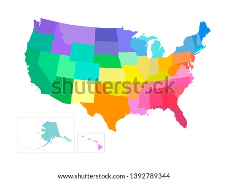 Vector isolated illustration of simplified administrative map of USA (United States of America). Borders of the states. Multi colored silhouettes