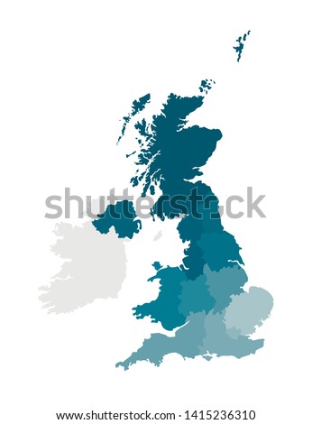 Vector isolated illustration of simplified administrative map of the United Kingdom of Great Britain and Northern Ireland. Borders of the regions. Colorful blue khaki silhouettes