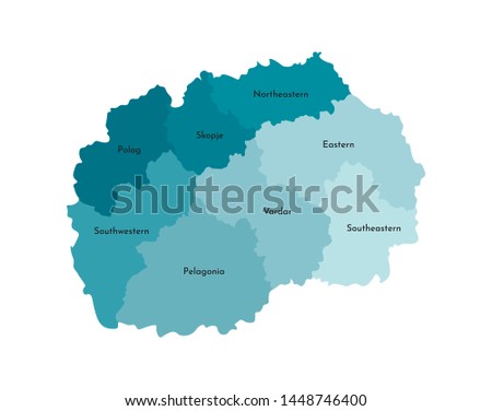 Vector isolated illustration of simplified administrative map of North Macedonia﻿. Borders and names of the regions. Colorful blue khaki silhouettes