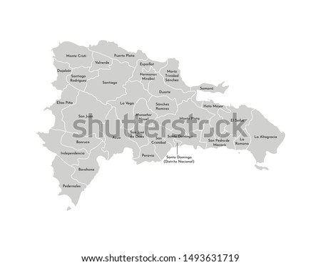 Vector isolated illustration of simplified administrative map of Dominican Republic. Borders and names of the provinces. Grey silhouettes. White outline