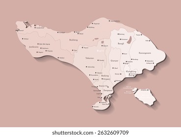 Ilustração isolada de vetor. Mapa administrativo de Bali em bege simplificado, Indonésia com a ilha mais próxima Nusa Penida. Fundo castanho. Nomes de cidades, vilas e Regências