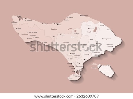 Vector isolated illustration. Simplified beige administrative map of Bali, Indonesia with nearest island Nusa Penida. Brown background. Names of cities, villages and Regencies