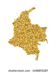 Vector isolated illustration with simplified Colombia map. Decorated by shiny gold glitter texture. Christmas and New Year holidays' decoration for greeting card.