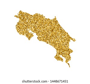 Vector isolated illustration with simplified Costa Rica map. Decorated by shiny gold glitter texture. Christmas and New Year holidays' decoration for greeting card.