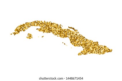 Vector isolated illustration with simplified Cuba map. Decorated by shiny gold glitter texture. Christmas and New Year holidays' decoration for greeting card.
