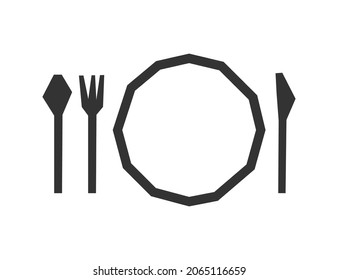 Vektorgrafik einzeln mit vereinfachten und geometrischen Bildern von Küchenbesteck: Messer, Suppenlöffel, Gabel und Teller. Flache schwarze Logos. Weißer Hintergrund