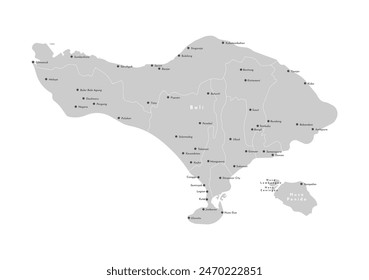 Vector Isolated illustration. Simplified grey administrative map of Bali, Indonesia. Border with nearest islands Nusa Penida. White background. Names of cities, villages