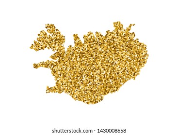 Vector isolated illustration with simplified Iceland map. Decorated by shiny gold glitter texture. Christmas and New Year holidays' decoration for greeting card