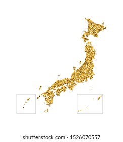 Vector isolated illustration with simplified Japan map. Decorated by shiny gold glitter texture. New Year and Christmas holidays' decoration for greeting card.