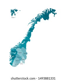 Vector isolated illustration with simplified map of Norway, blue silhouettes of regions. Names of counties. White background