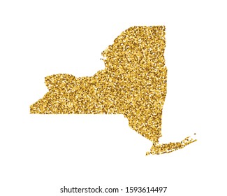 Vector isolated illustration with simplified map of state of New York (USA). Shiny gold glitter texture. Decoration template