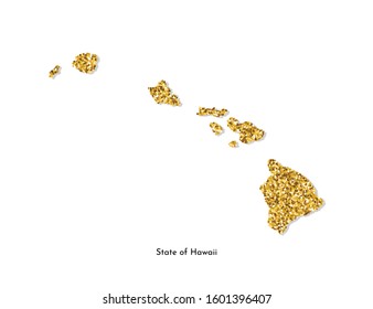 Vector isolated illustration with simplified map of State of Hawaii (USA). Shiny gold glitter texture. Decoration template.
