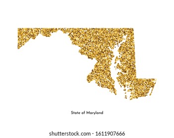 Vector isolated illustration with simplified map of State of Maryland (USA). Shiny gold glitter texture. Decoration template