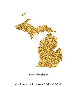 Vector isolated illustration with simplified map of State of Michigan (USA). Shiny gold glitter texture. Decoration template.