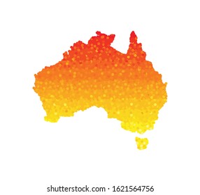 Vector isolated illustration of simplified map of Australian continent and Tasmania. Red orange, yellow colors. Bushfires as disaster in 2020. Dangerous emergency. Whole area on fires.