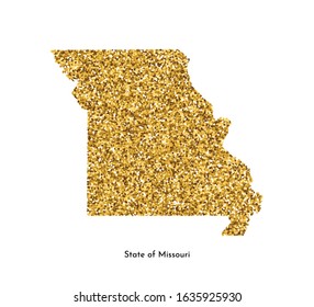 Vector isolated illustration with simplified map of State of Missouri (USA). Shiny gold glitter texture. Decoration template.