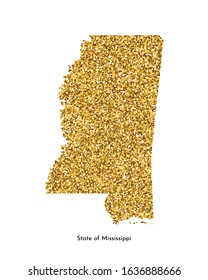 Vector isolated illustration with simplified map of State of Mississippi (USA). Shiny gold glitter texture. Decoration template.