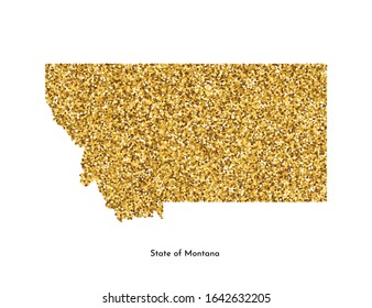Vector isolated illustration with simplified map of State of Montana (USA). Shiny gold glitter texture. Decoration template.
