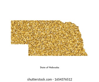 Vector isolated illustration with simplified map of State of Nebraska (USA). Shiny gold glitter texture. Decoration template.
