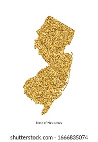 Vector isolated illustration with simplified map of State of New Jersey (USA). Shiny gold glitter texture. Decoration bright holiday template.