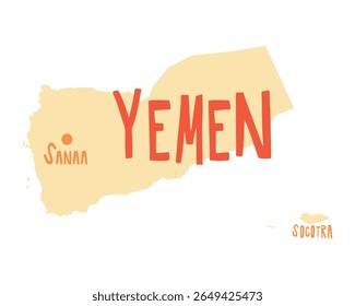 Ilustração isolada em vetor do mapa simplificado do Iêmen. Silhueta do país na Península Arábica com a capital Sanna indicada.