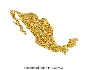 Vector isolated illustration with simplified Mexico map. Decorated by shiny gold glitter texture. Christmas and New Year holidays' decoration for greeting card.