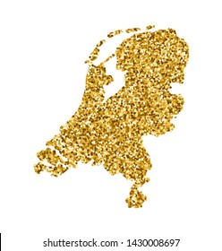 Vector isolated illustration with simplified Netherlands map. Decorated by shiny gold glitter texture. Christmas and New Year holidays' decoration for greeting card