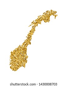 Vector isolated illustration with simplified Norway map. Decorated by shiny gold glitter texture. Christmas and New Year holidays' decoration for greeting card