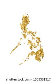 Vector isolated illustration with simplified Philippines map. Decorated by shiny gold glitter texture. New Year and Christmas holidays' decoration for greeting card.