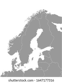 Vector isolated illustration of simplified political map of some scandinavian countries (Sweden, Finland, Norway, Denmark) and nearest areas. Borders of the states. Grey silhouettes. White outline.