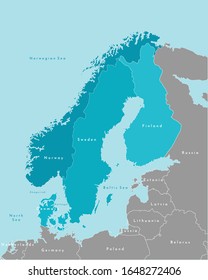 Vector isolated illustration. Simplified political map of scandinavian and northern europe countries in blue colors (Sweden, Finland, Norway, Denmark) and nearest areas in grey. Borders of the states.