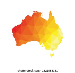 Vector isolated illustration of simplified polygonal map of Australia and Tasmania. Red orange, yellow colors. Bushfires as disaster in 2020. Dangerous emergency. Low poly design