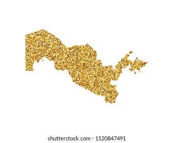 Vector isolated illustration with simplified Uzbekistan map. Decorated by shiny gold glitter texture. New Year and Christmas holidays' decoration for greeting card.