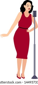 A vector isolated illustration of a singer of a jazz. Woman in red dress, with black hairs sings with a microphone on a stand.
