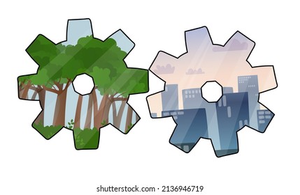 Vector isolated illustration with sixes, inside which the landscape of urban buildings on one and nature on the other is depicted. Concept of urbanization, landscaping, nature protection.