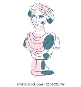 Vector isolated illustration of a sketch abstract woman statue on a white background. Black drawn line contour with pink and blue spots. World Museum Day symbol
