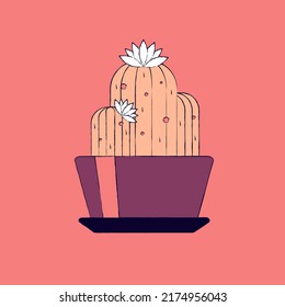 Vector isolated illustration of a sketch blooming cactus in a pot on a coral red background