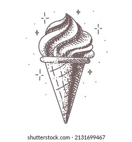 Vector isolated illustration of a sketch drawn ice cream in cone with stars on a white background. Sweet frozen food art