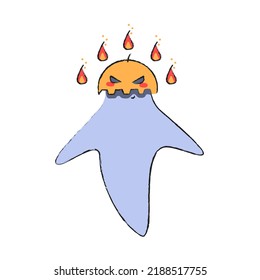Vector isolated illustration of a sketch ghost with a pumpkin mask and flying flames. White background. Halloween character