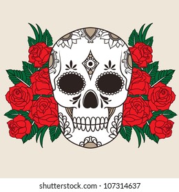 Vector isolated illustration of a skull with roses and leaves 