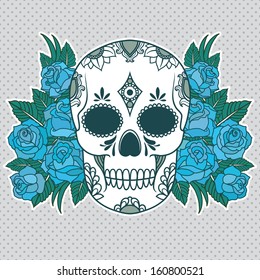 Vector isolated illustration of a skull with roses and leaves