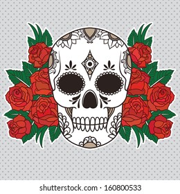 Vector isolated illustration of a skull with roses and leaves