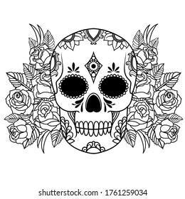 Vector isolated illustration of a skull with roses and leaves. Black and white