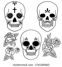 Vector isolated illustration of a skull with roses and leaves. Black and white